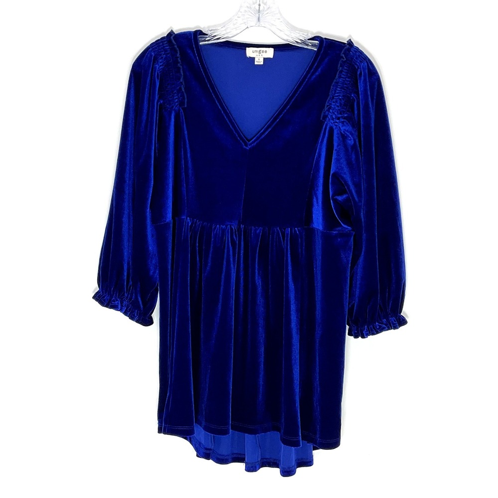 Umgee Babydoll Dress Women S Blue Velvet V-Neck‎ Flowy Boho Peasant Tunic